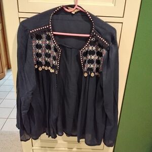 Ananda Design Blue Embellished Long Sleeve Blouse